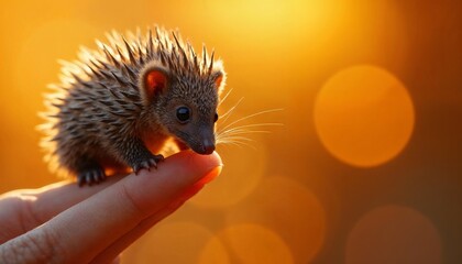 Obraz premium Adorable Tiny Hedgehog Perched on a Finger Surrounded by a Soft, Warm Bokeh Background
