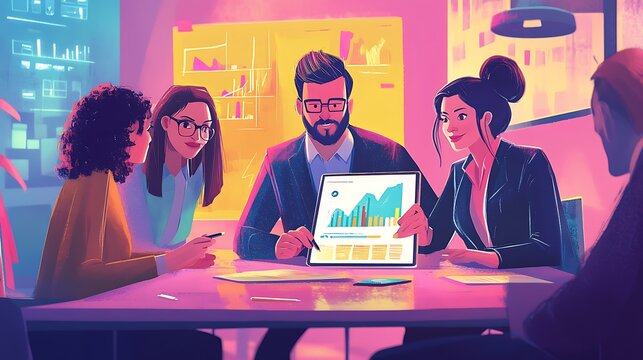 Team of salespeople reviewing performance metrics on a tablet in a high-energy office