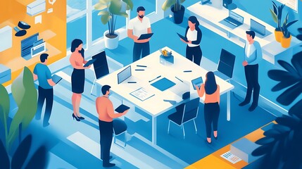 Tech startup team standing around a tablet during a stand-up meeting in a shared office