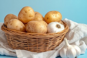 Fototapeta premium Fresh potatoes and garlic in a woven basket.