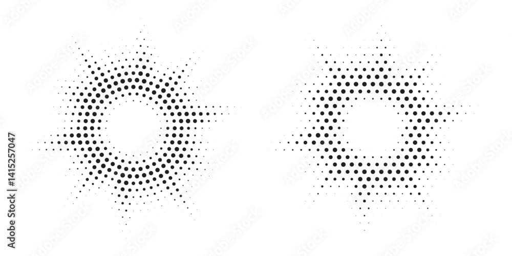 Poster Halftone circle frame background set. Round border Icon using halftone random circle. Grunge circular stain. Vector illustration.