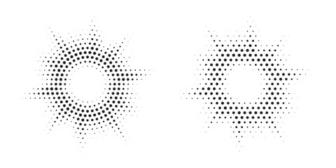 Halftone circle frame background set. Round border Icon using halftone random circle. Grunge circular stain. Vector illustration.