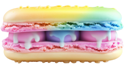 Rainbow ice cream sandwich with macaron shells, vibrant pastel colors, summer treat, isolated on white, PNG