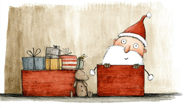 A cheerful Santa peeks over red boxes filled with colorful gifts and a plush toy, bringing festive joy and holiday spirit.