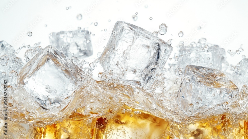 Aufkleber close up of ice cubes splashing into a light amber liquid, creating a bubbly, refreshing effect agai