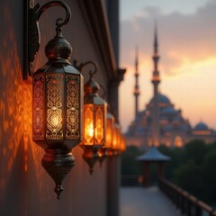 Illuminated ornate lanterns adorn a building with a mosque visible in the soft twilight background glow