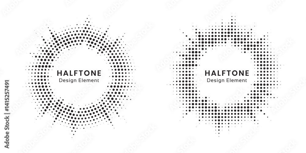 Poster Halftone circle frame background set. Round border Icon using halftone random circle. Grunge circular stain. Vector illustration.