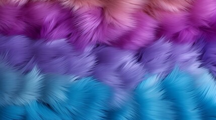 Closeup view of colorful faux fur fabric. Vibrant rainbow colors blend in wavy pattern. Soft texture background 