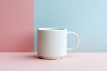 Obraz premium White mug on pink and blue background