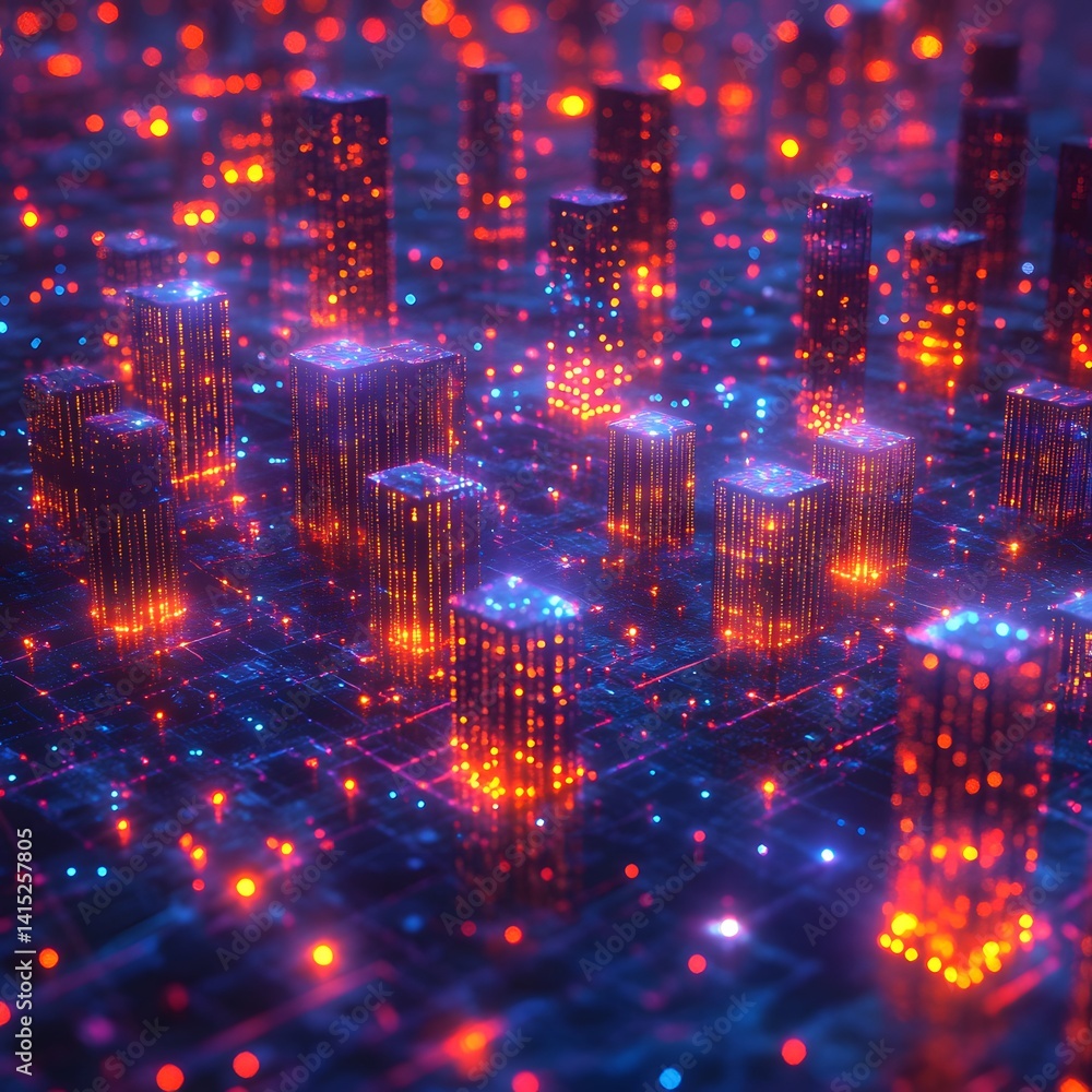 Aufkleber a vibrant digital cityscape, glowing with neon lights and data streams. a futuristic vision of urban