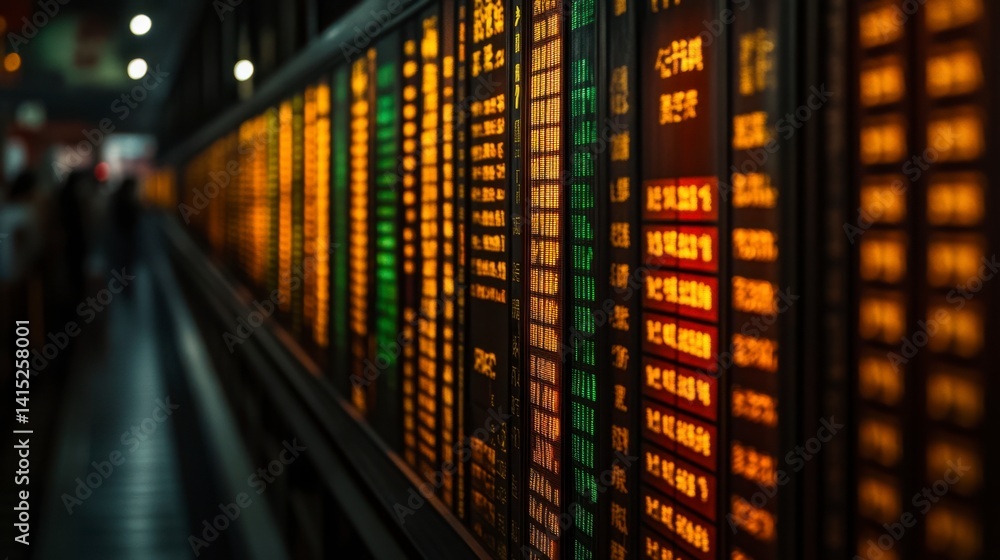 Poster close up view of an illuminated digital stock ticker displaying financial data, numbers, and symbols