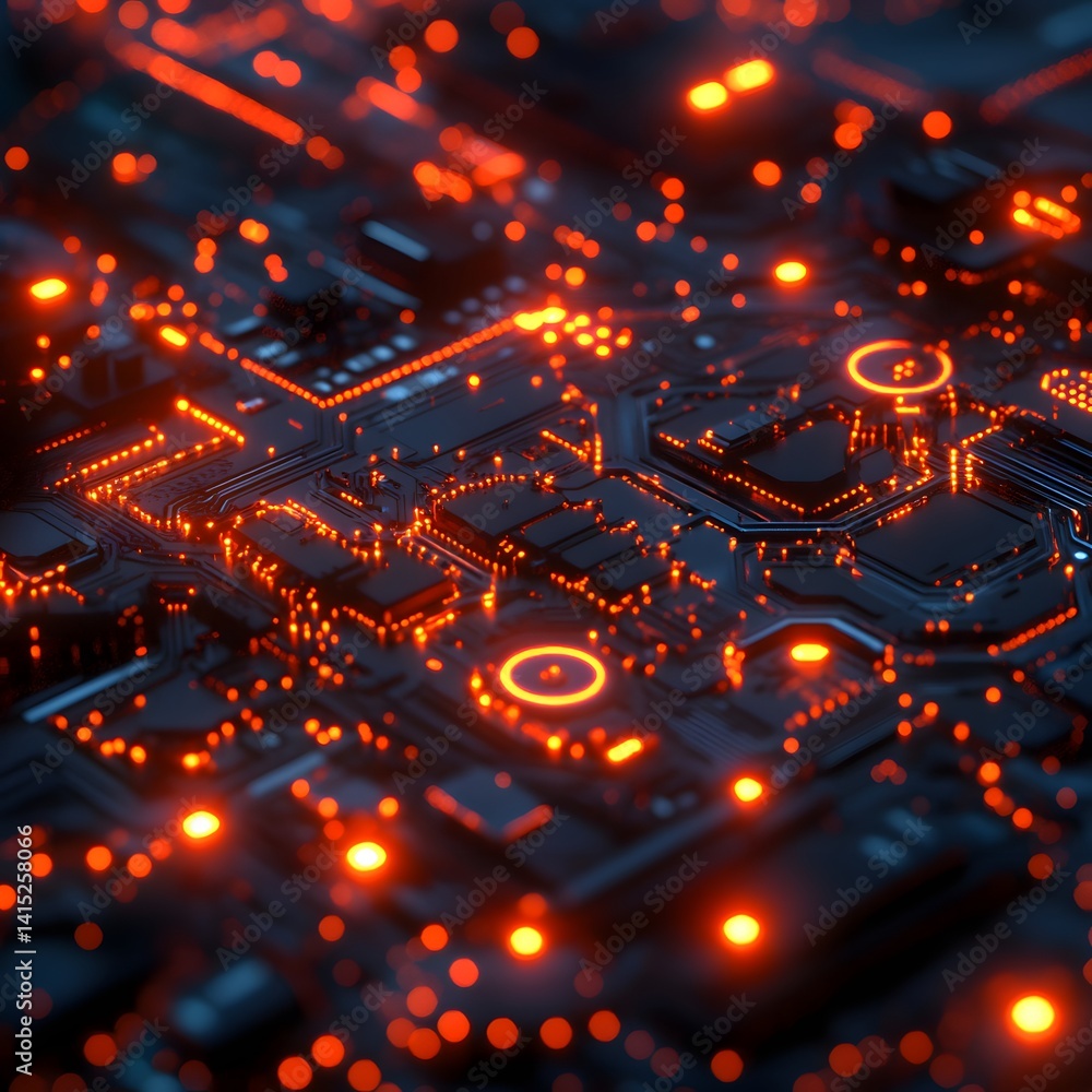 Poster close-up view of an abstract circuit board with bright orange and red glowing lines. futuristic tech