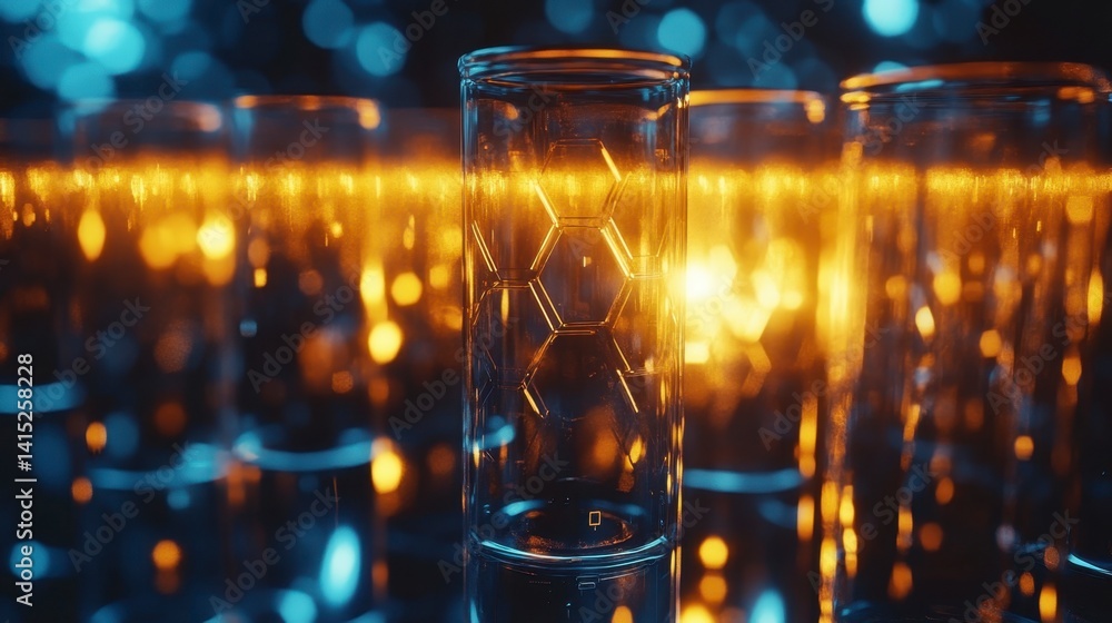 Poster glass cylinders with glowing particles, illuminated by warm and cool light sources, creating a bokeh