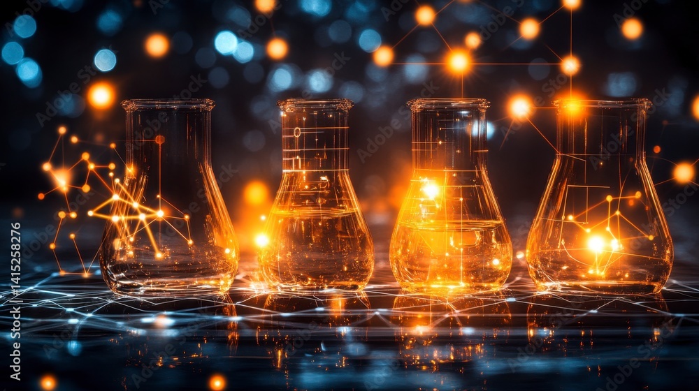 Poster glowing erlenmeyer flasks on dark surface with bokeh lights and network connections.