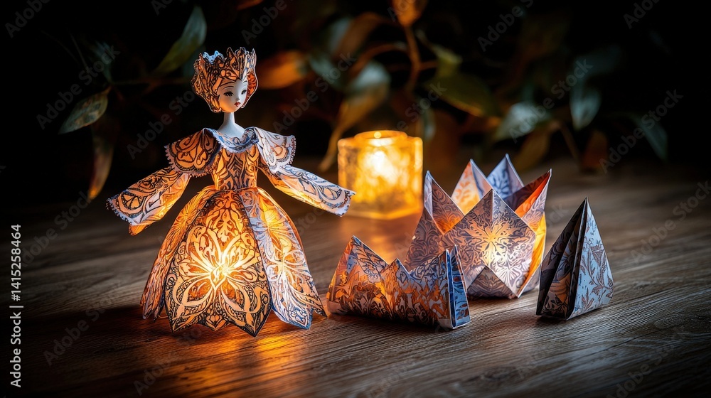 Aufkleber creative paper art event illuminated figurine and geometric shapes cozy room artistic display whimsi