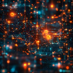 Obraz premium An abstract digital artwork depicting a network of glowing nodes and connections. Intricate circuitry details evoke a sense of technological advancement. Futuristic Technology Backgrounds