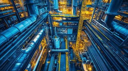 High angle view of industrial complex at night, illuminated with blue and yellow lights, showing intricate network of pipes and machinery.
