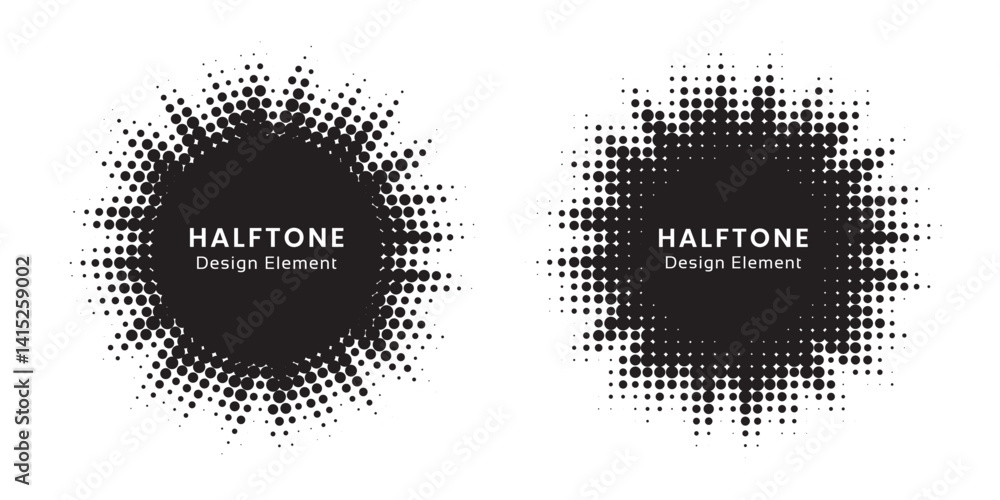 Aufkleber Halftone circle frame background set. Round border Icon using halftone random circle. Grunge circular stain. Vector illustration.