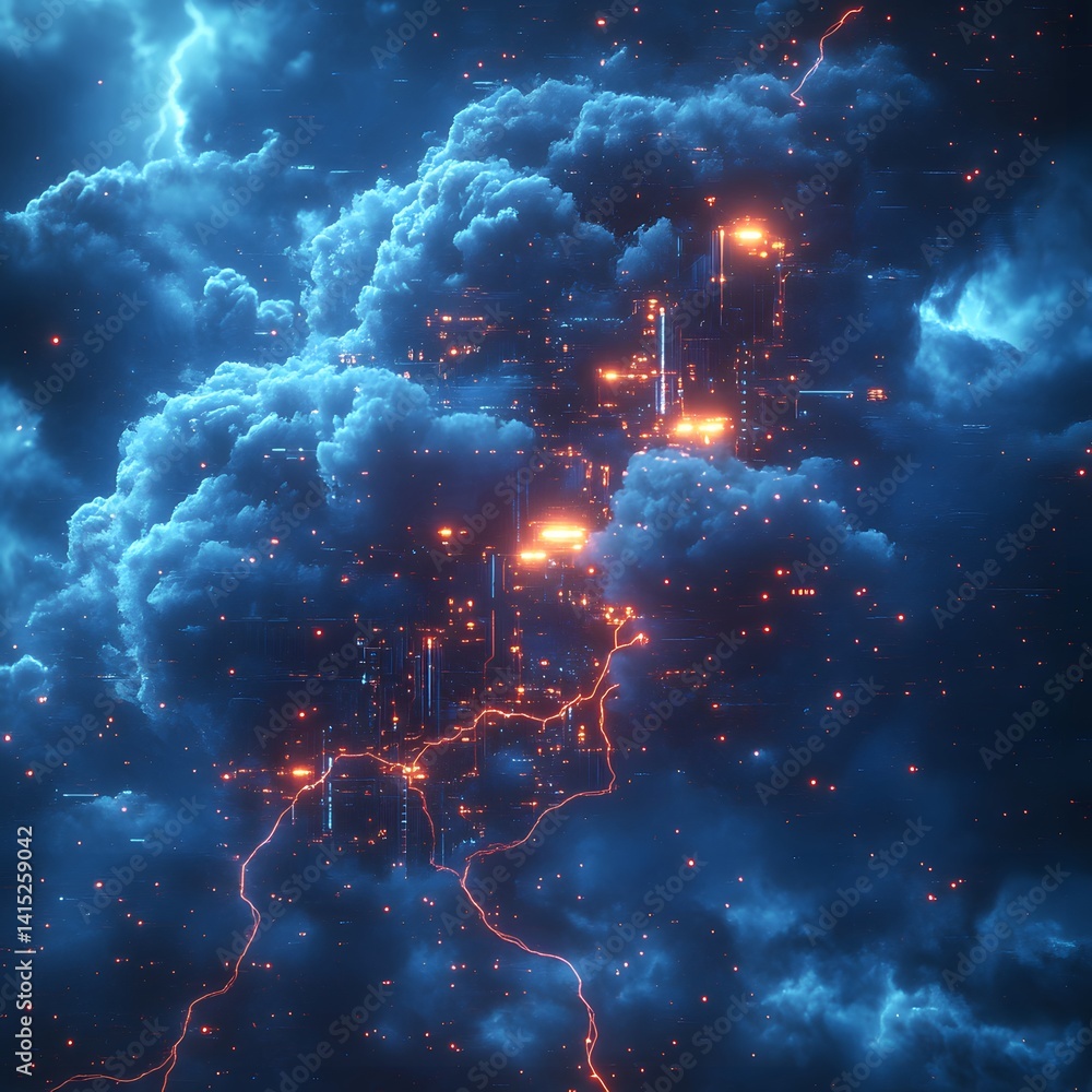 Poster a vibrant digital city emerges from a stormy sky, blending futuristic architecture with the raw powe