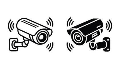 Surveillance Camera Icon – Security Camera with Sound Waves for Monitoring, Protection, and Security Systems