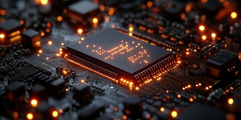 Obraz premium Glowing Circuit Board with Neon Connections and Digital Data Flow