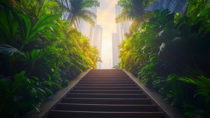 Obraz premium Wooden staircase leading upward through lush green foliage towards a bright cityscape.