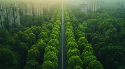 Obraz premium Aerial view of a road lined with lush green trees, leading towards a city skyline in the distance, bathed in morning sunlight.