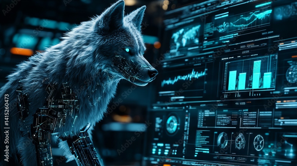 Poster in a sleek, high-tech business setting, a robotic wolf observes digital displays, showcasing data an