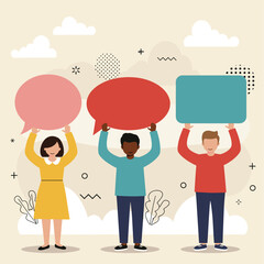 Dialogue of Ideas: A vibrant illustration showcases three figures holding speech bubbles, representing diverse voices in communication and ideas, conveying the essence of sharing thoughts.