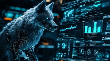 In a sleek, high-tech business setting, a robotic wolf observes digital displays, showcasing data analytics and futuristic graphics that illuminate the dark space