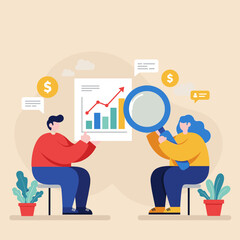Business Analysis: A visually engaging illustration featuring two professionals meticulously analyzing a growth chart with a magnifying glass.