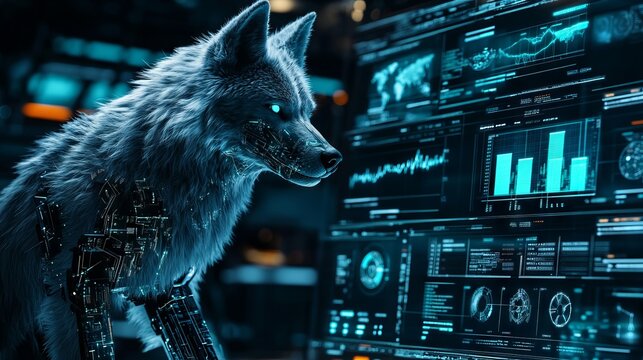 In a sleek, high-tech business setting, a robotic wolf observes digital displays, showcasing data analytics and futuristic graphics that illuminate the dark space