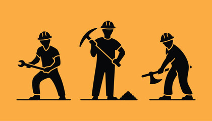 Construction Worker Silhouette Vector – Worker with Wrench, Pickaxe, and Axe for Building, Labor, and Construction Graphics
