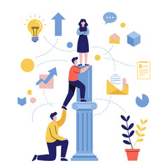 Teamwork in Action: Illustration of a team working together to reach a common goal, demonstrating collaboration and support.