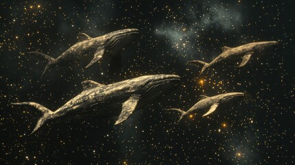 Fototapeta premium flying whales swimming through stars in surreal night sky
