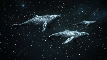 flying whales swimming through stars in surreal night sky