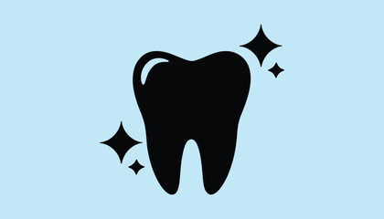 Shiny Tooth Icon Vector – Black Silhouette with Sparkles for Dental Care, Whitening, and Hygiene Designs