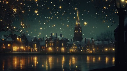Obraz premium glittery stars falling gently like snow over quiet town