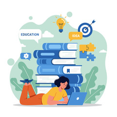 Fototapeta premium Bright Mind's Journey: a vibrant illustration showcases a person engrossed in learning, surrounded by books, ideas, and the pursuit of knowledge.