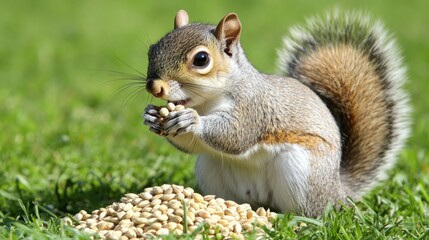 Fototapeta premium Gray squirrel enjoying a nutty meal in a grassy field