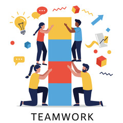 Teamwork and collaboration: A dynamic illustration capturing the essence of teamwork, with individuals working together to build a structure, symbolizing unity, cooperation, and shared goals.