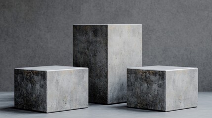 Minimalist industrial concrete display blocks for product presentation with dark textured background lighting.