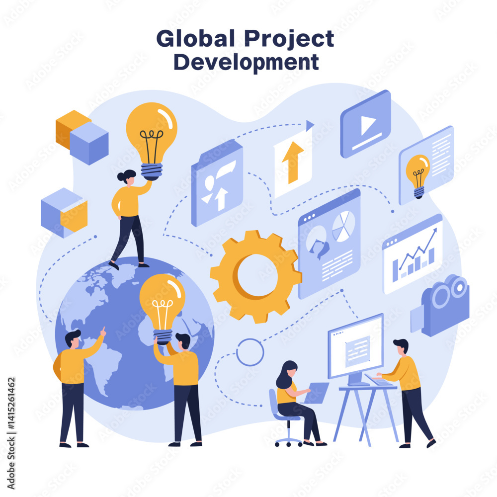 Poster global project development: visual representation of global project development, illustrating teamwo