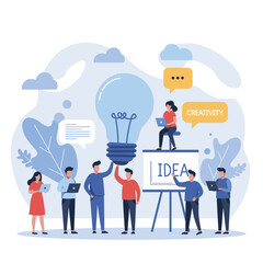 Team Brainstorming: A dynamic illustration capturing a group of individuals collaborating around a large light bulb, symbolizing innovative ideas and creative solutions.