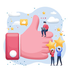 Thumbs Up Approval: Symbolizing digital praise, individuals interact with a giant thumbs-up, complemented by social media icons and radiant stars.