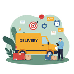 Delivery Service Illustration: A delivery driver checks his tablet next to a yellow delivery truck, with various delivery icons.