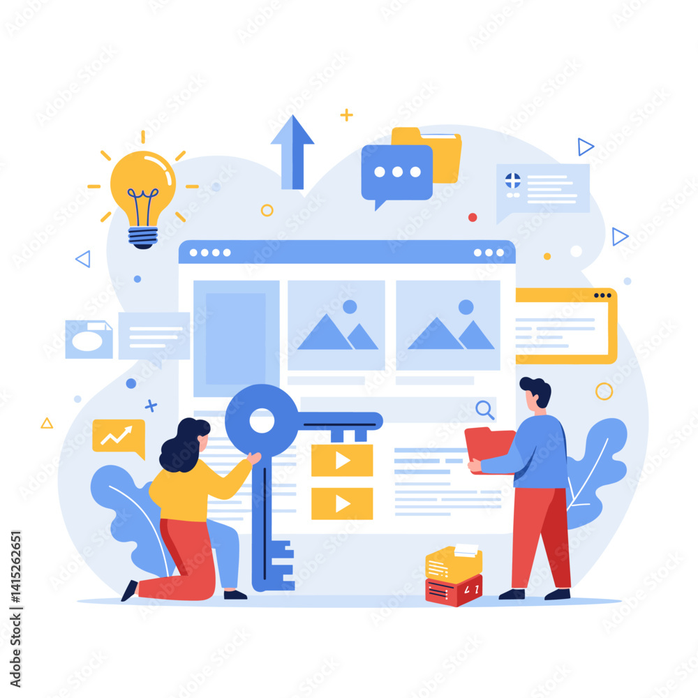 Poster unlocking digital excellence: a dynamic illustration showcasing a team collaboratively employing key