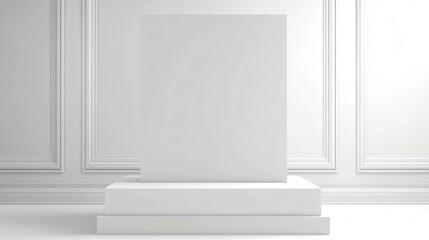 Minimalist white panel backdrop with classic wall molding, ideal for modern product photography or gallery mockup.