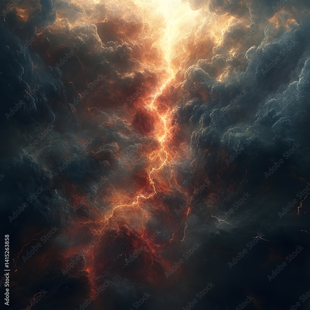 Poster a digital painting depicting a vibrant lightning storm, fiery orange and red against a backdrop of d
