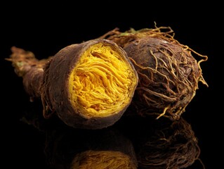 Fototapeta premium Exotic turmeric root, halved and whole, against a dark reflective surface, showcasing its vibrant color and texture. Perfect for health food blogs, spice guides, and natural medicine articles.